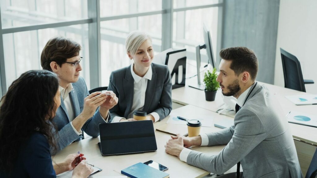 Diverse business team collaborating in a modern office.